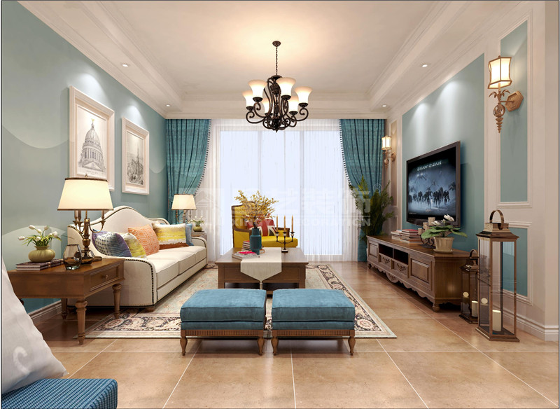 萬達(dá)茂120平美式風(fēng)格客廳裝修效果圖