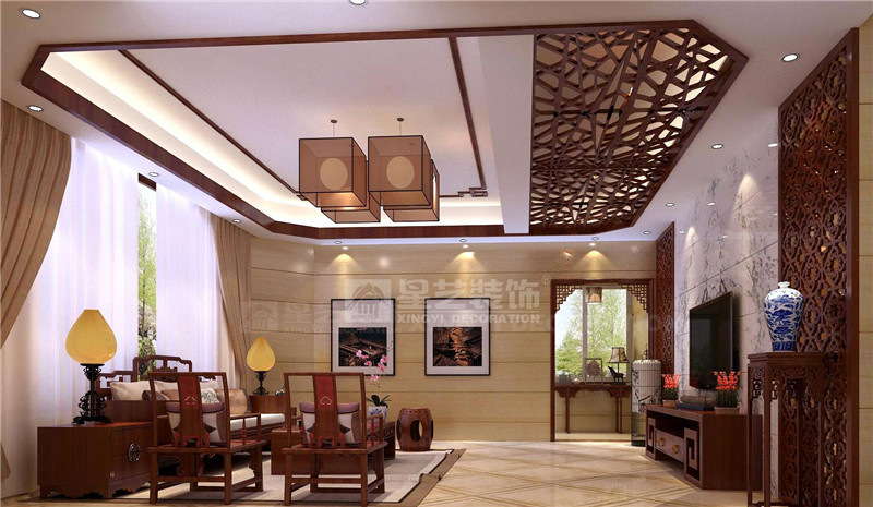 濱江麗景450平中式風格客廳裝修效果圖